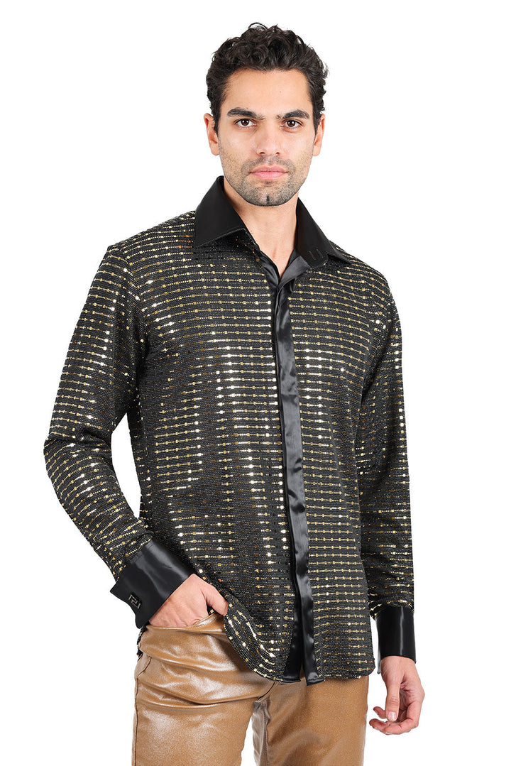 Barabas Men's French Cuff Glittery Sparkly Shiny Shirt 2FCS1005  Gold