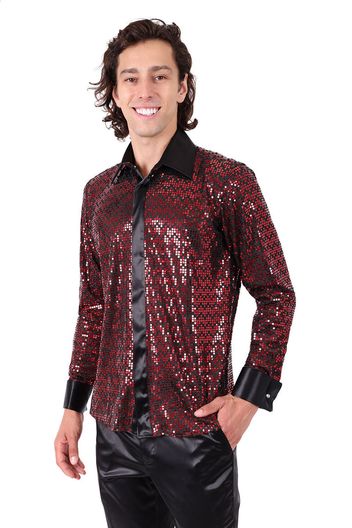 Barabas Men's French Cuff Glittery Sparkly Striped Shirt 2FCS1006 Red