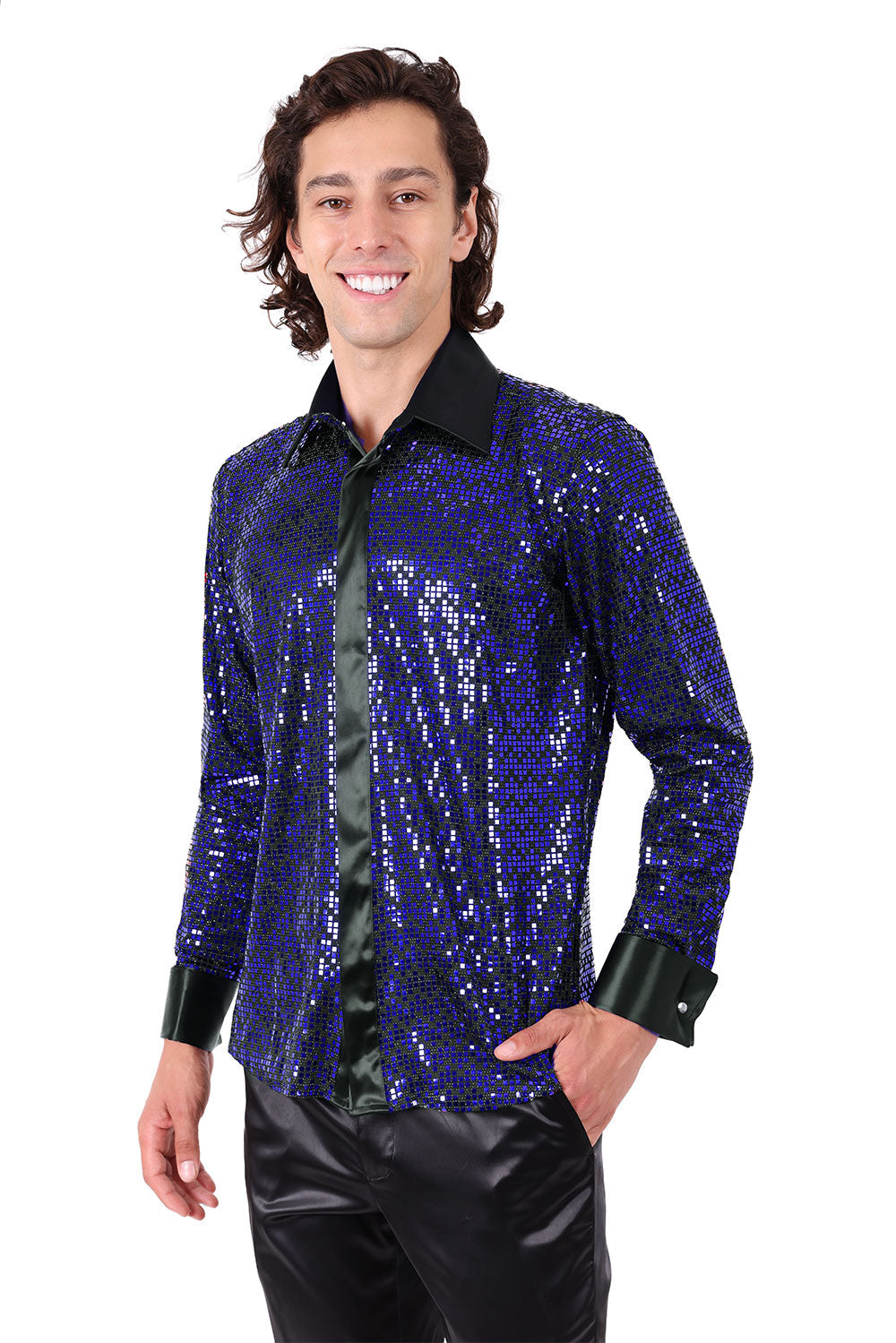 Barabas Men's French Cuff Glittery Sparkly Striped Shirt 2FCS1006 Blue
