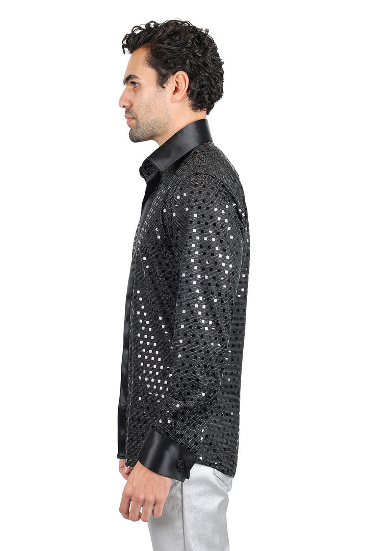 Barabas Men's French Cuff Glittery Sparkly Striped Shirt 2FCS1007 Black