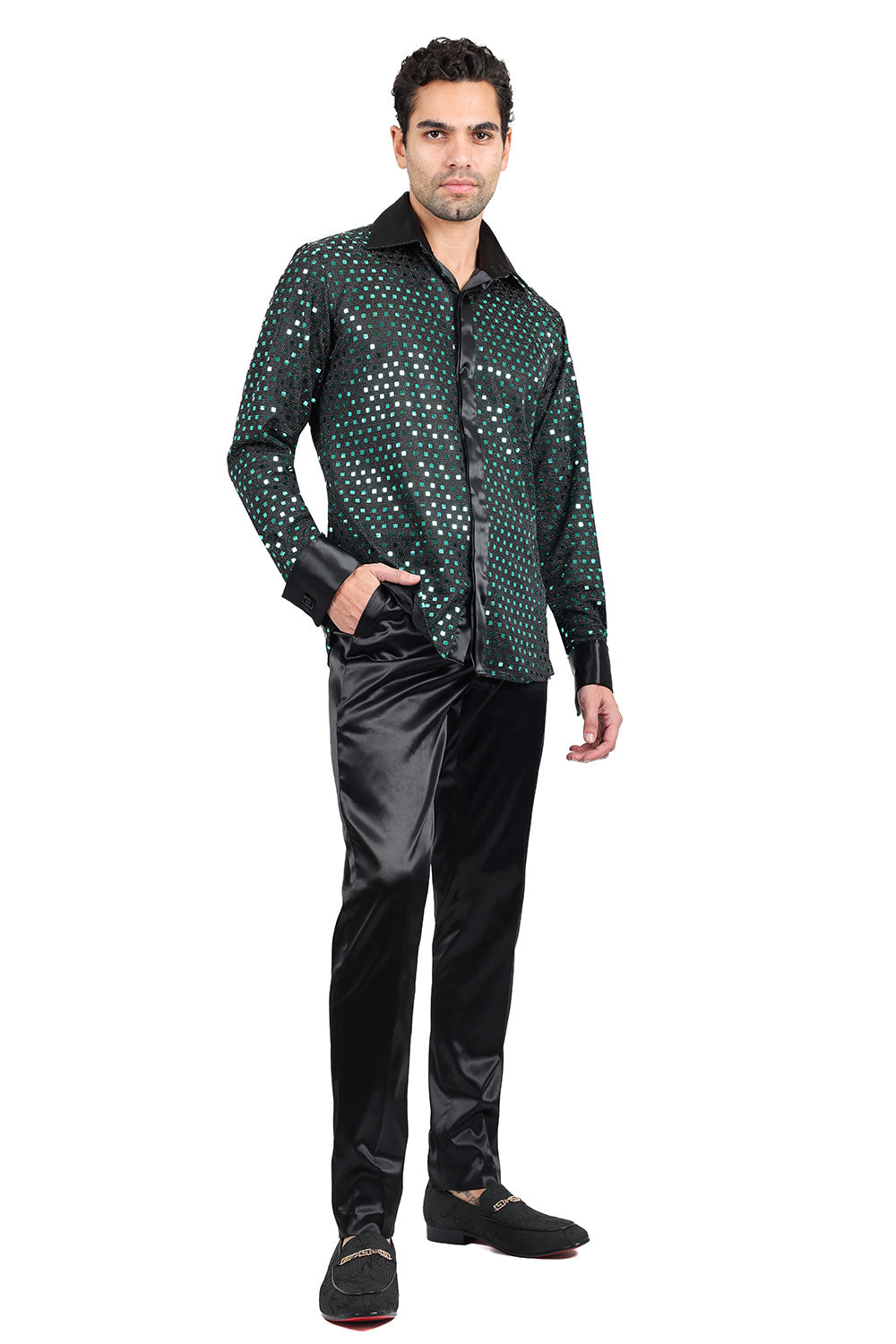 Barabas Men's French Cuff Glittery Sparkly Striped Shirt 2FCS1007 Emerald