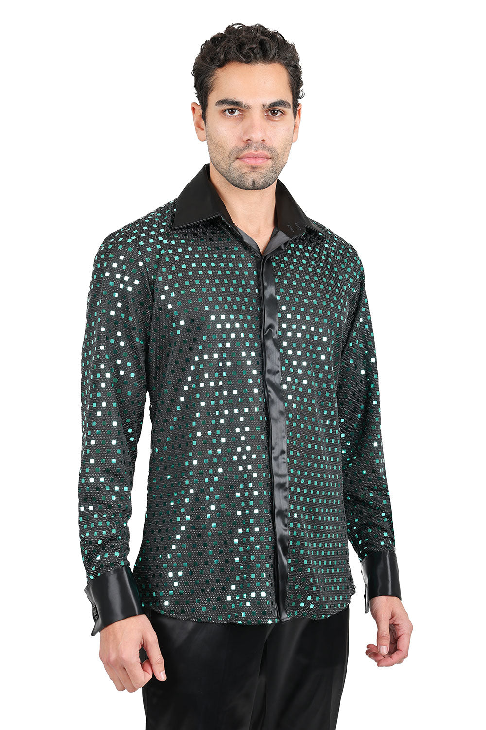 Barabas Men's French Cuff Glittery Sparkly Striped Shirt 2FCS1007 Emerald