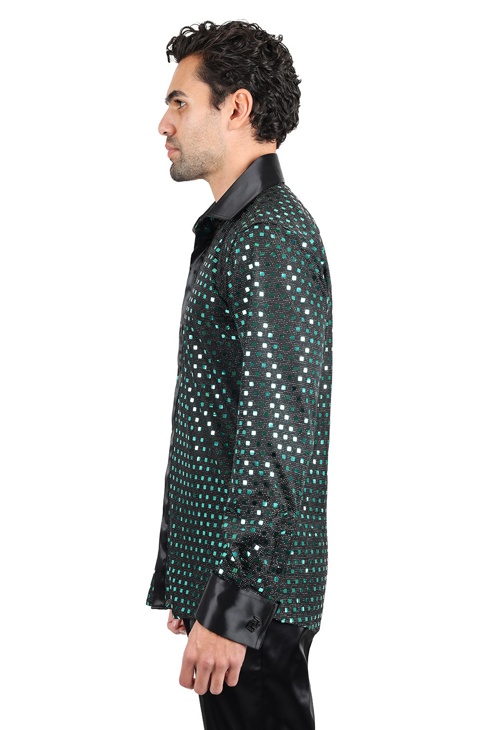 Barabas Men's French Cuff Glittery Sparkly Striped Shirt 2FCS1007 Emerald