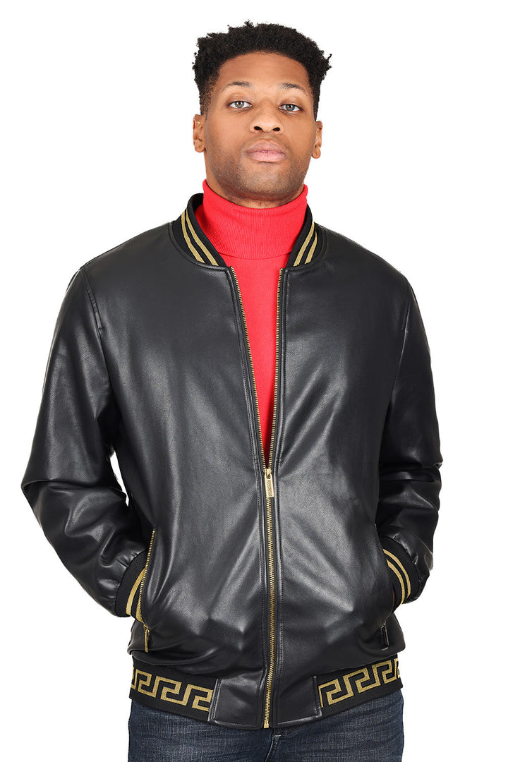 Barabas Men's Greek Key Zipper Stand Collar Leather Faux Jacket 2JBPU1 Black and Gold