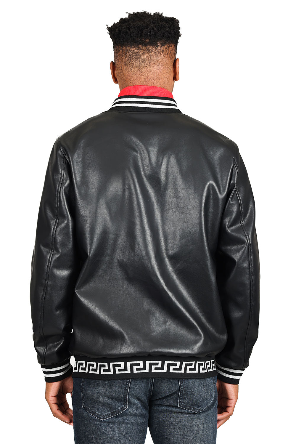 Barabas Men's Greek Key Zipper Stand Collar Leather Faux Jacket 2JBPU1 Black and Silver