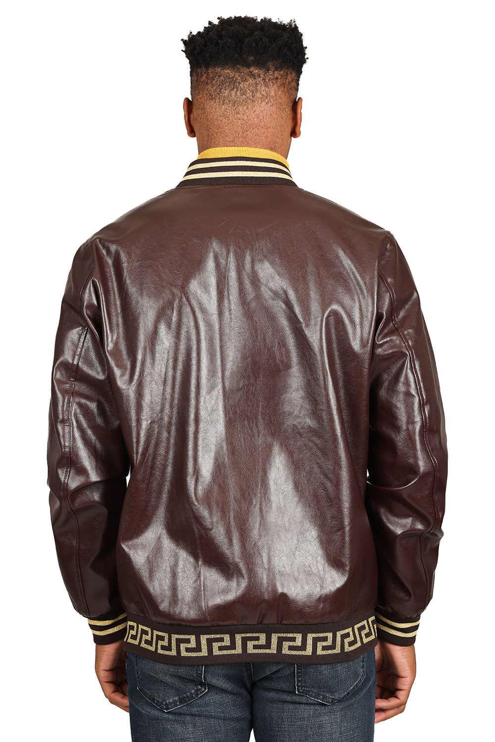 Barabas Men's Greek Key Zipper Stand Collar Leather Faux Jacket 2JBPU1 Coffee Gold