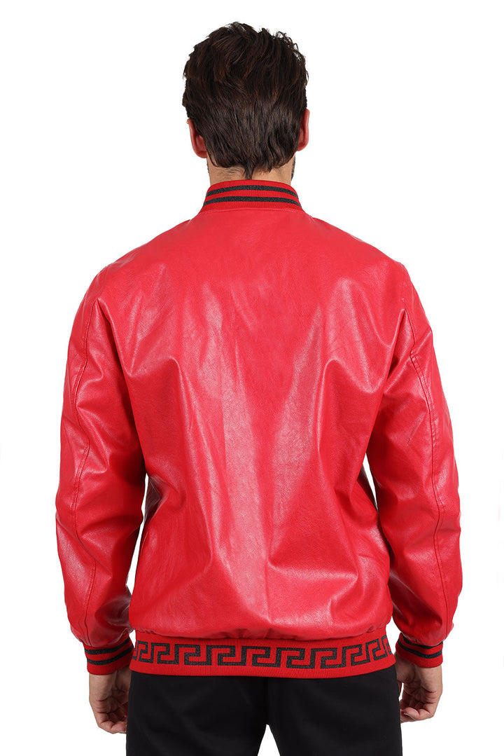 Barabas Men's Greek Key Zipper Stand Collar Leather Faux Jacket 2JBPU1 Red and Black