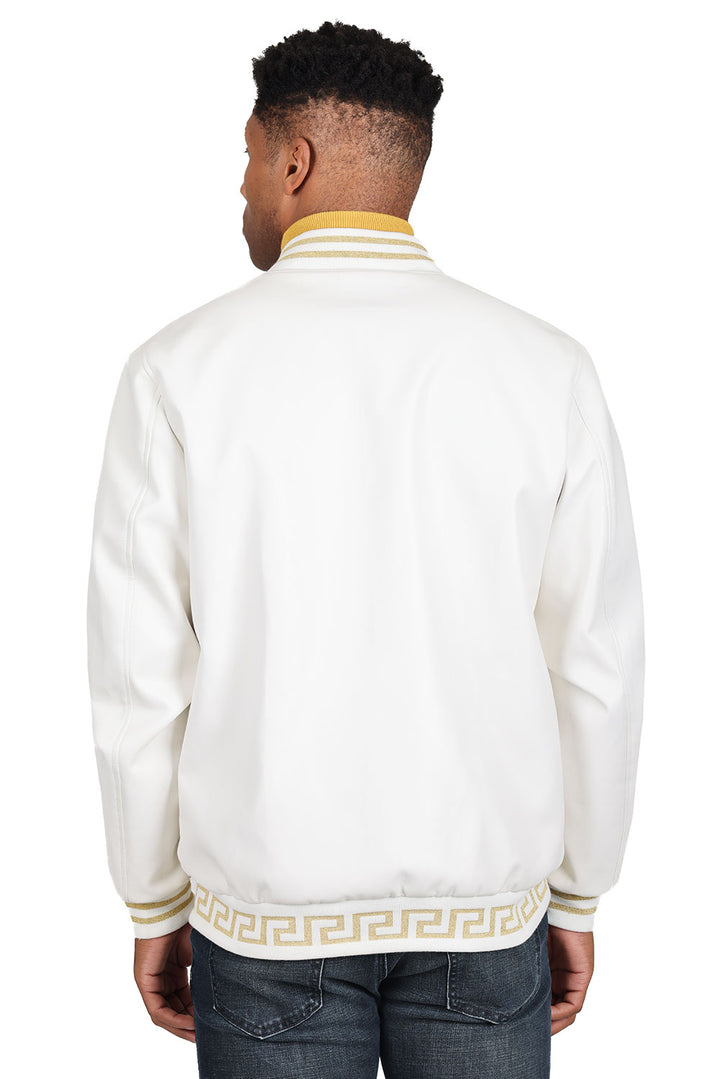 Barabas Men's Greek Key Zipper Stand Collar Leather Faux Jacket 2JBPU1 White and Gold