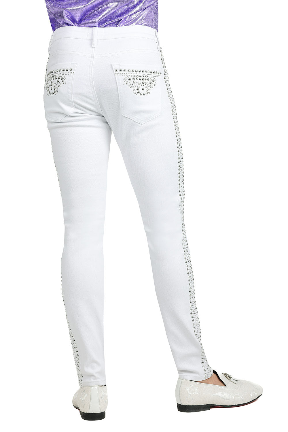 BARABAS Men Jeans Stretch Rhinestone Denim Jeans 2JER22 White and Silver