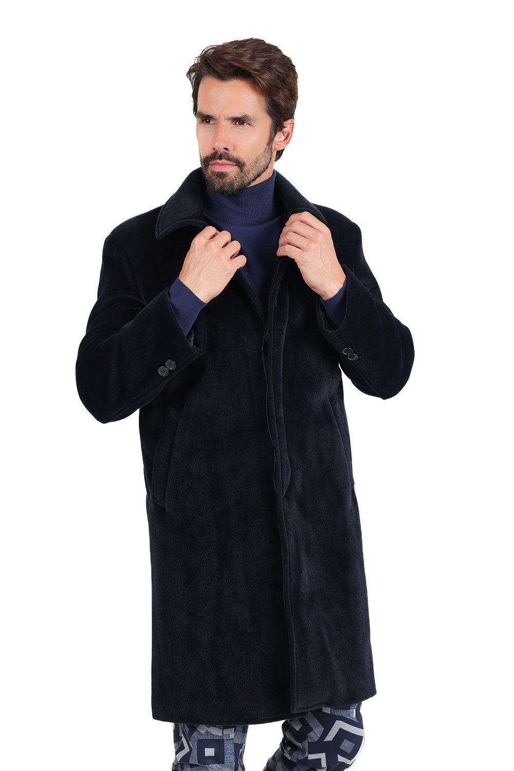 Barabas Men's Solid Color Luxury Collared Over Coat Jacket 2JLW01 Navy