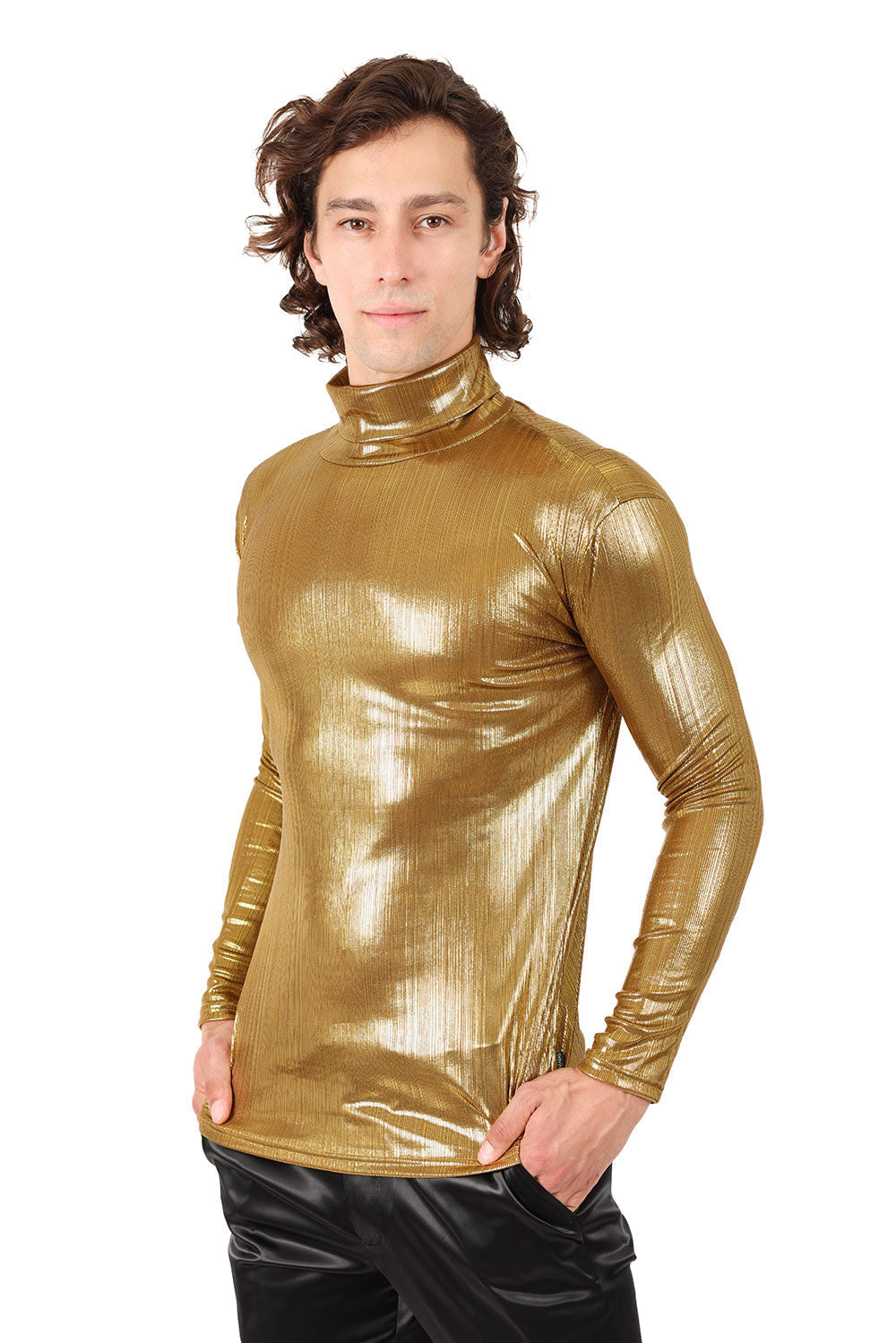 Barabas Men's Metallic Shiny Long Sleeve Turtleneck Sweater 2KT1000 Gold