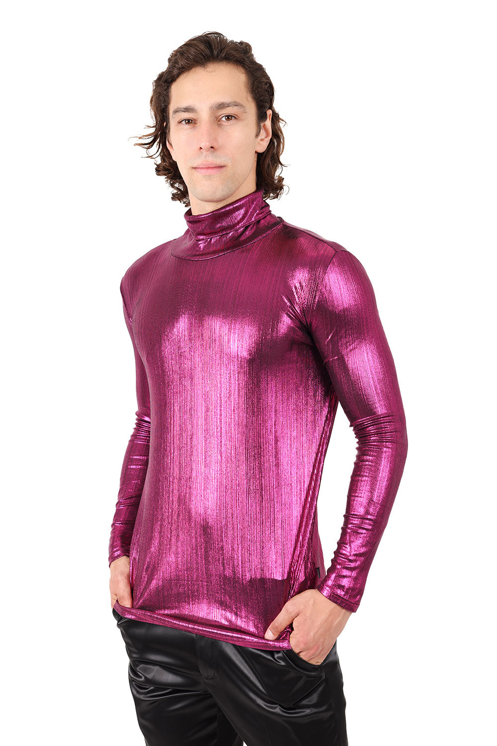 Barabas Men's Metallic Design Luxury Long Sleeve Shirt Sweater 2KT1000 Magenta