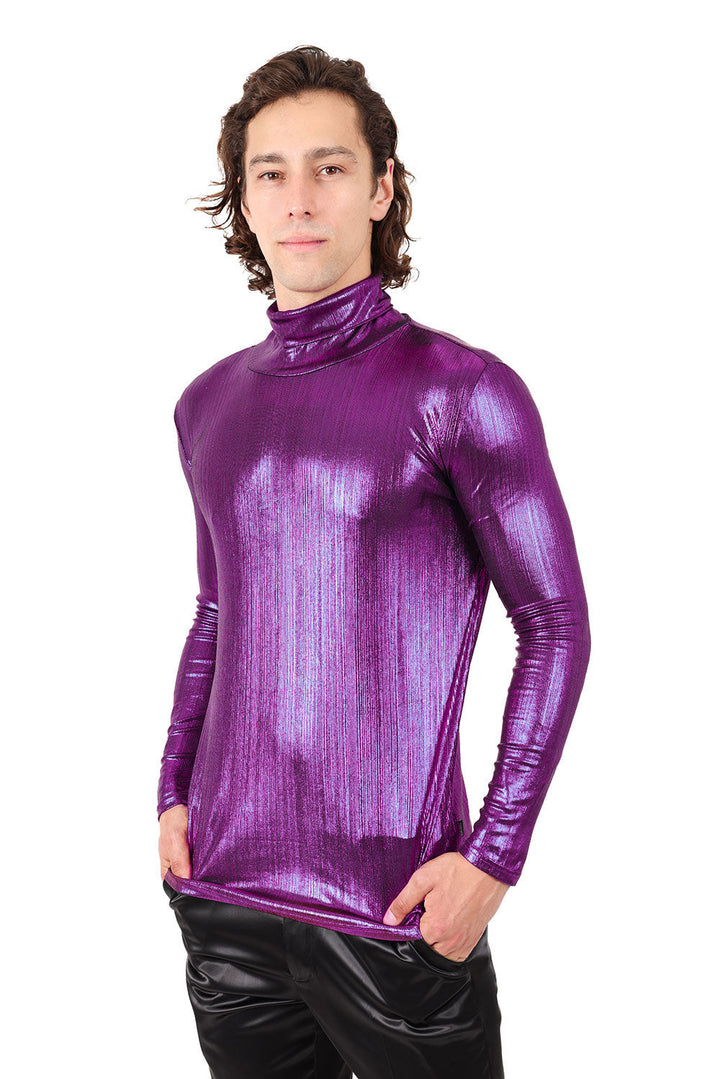 Barabas Men's Metallic Shiny Long Sleeve Turtleneck Sweater 2KT1000 Purple