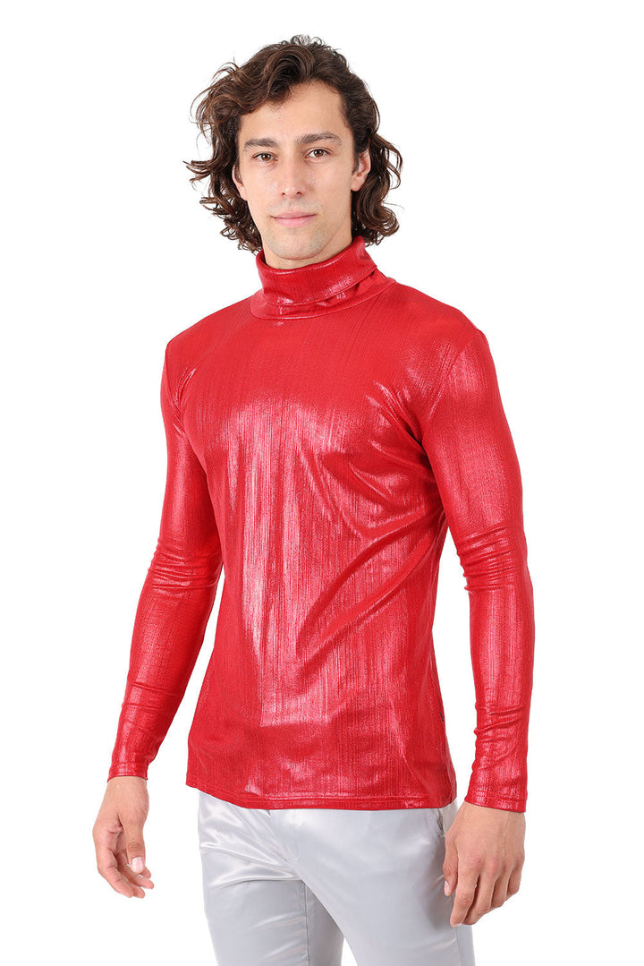 Barabas Men's Metallic Shiny Long Sleeve Turtle Neck Sweater 2KT1000 Red