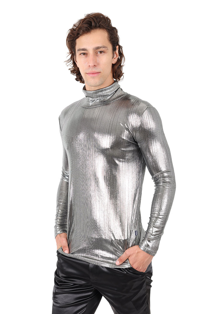 Barabas Men's Metallic Design Luxury Long Sleeve Shirt Sweater 2KT1000 Silver