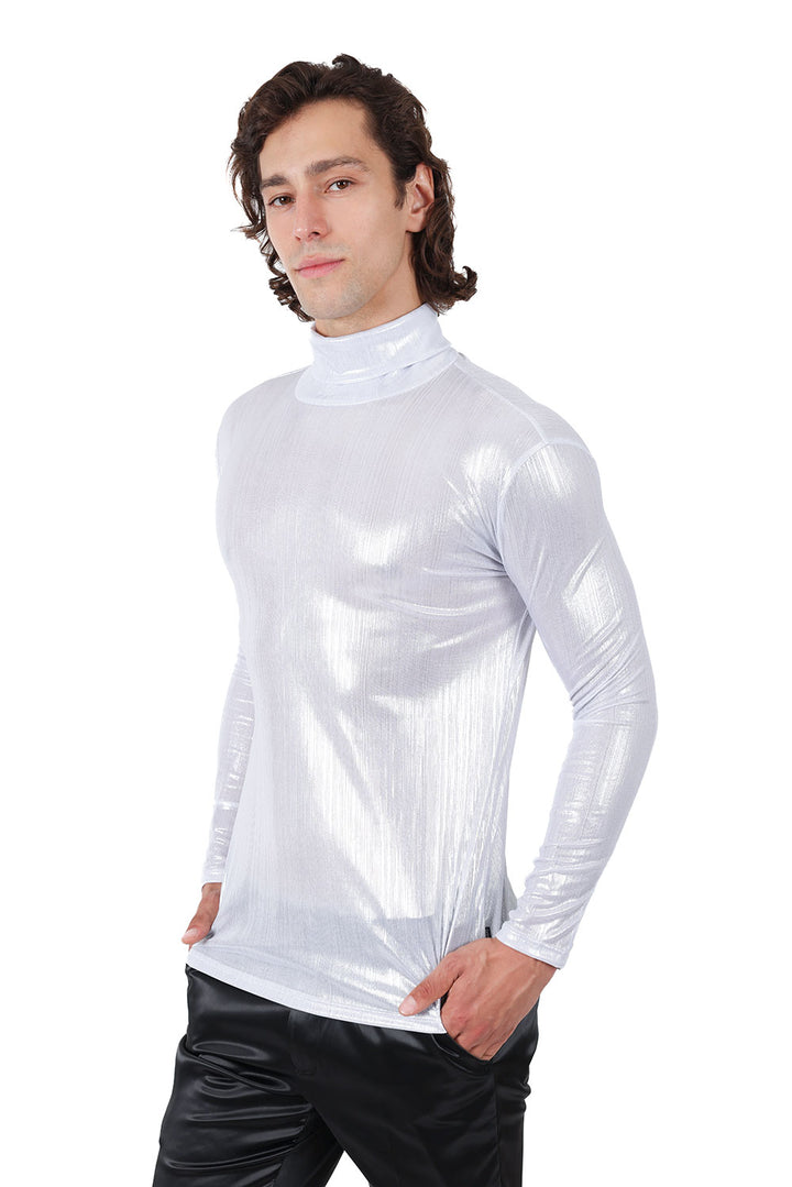 Barabas Men's Metallic Shiny Long Sleeve Turtleneck Sweater 2KT1000 White