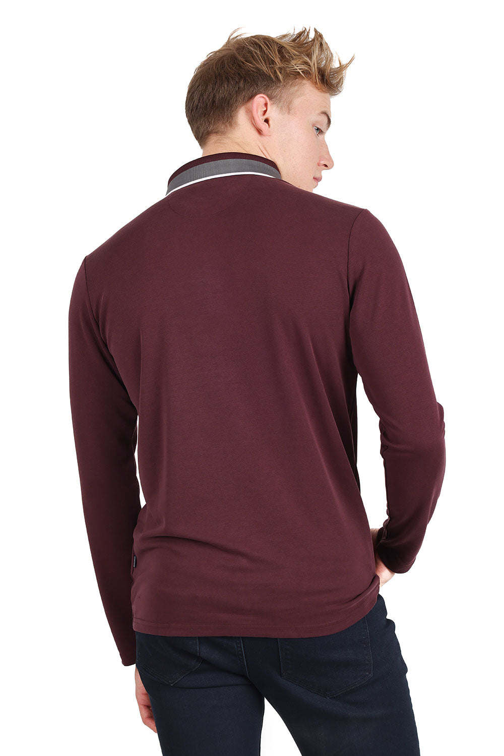 Barabas Men's Solid Color Luxury Long Sleeves Polo Shirts 2LPL2000 Maroon Burgundy