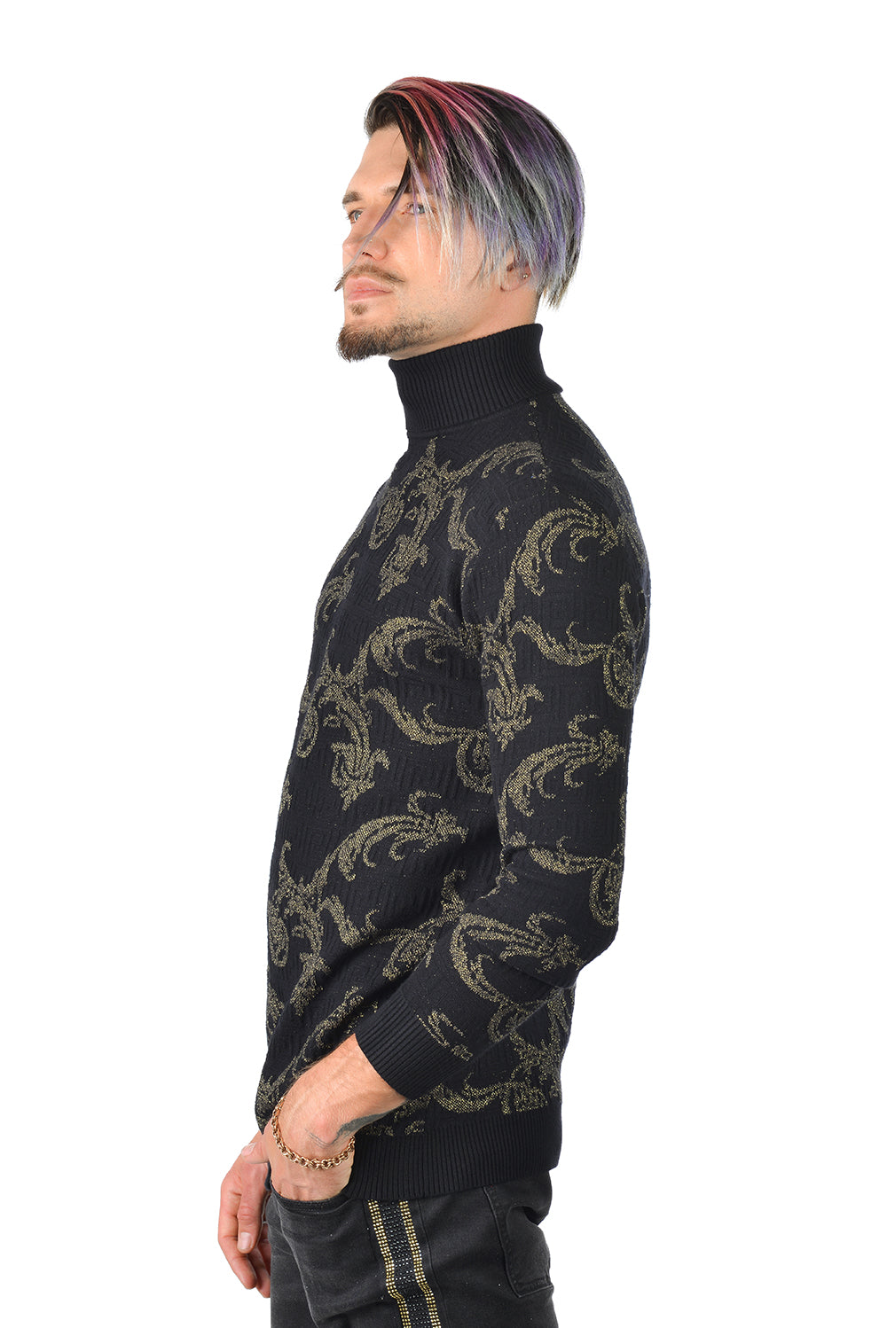 Barabas Men's Floral Print Design Long Sleeve Turtleneck Sweater 2LS2102 Black Gold