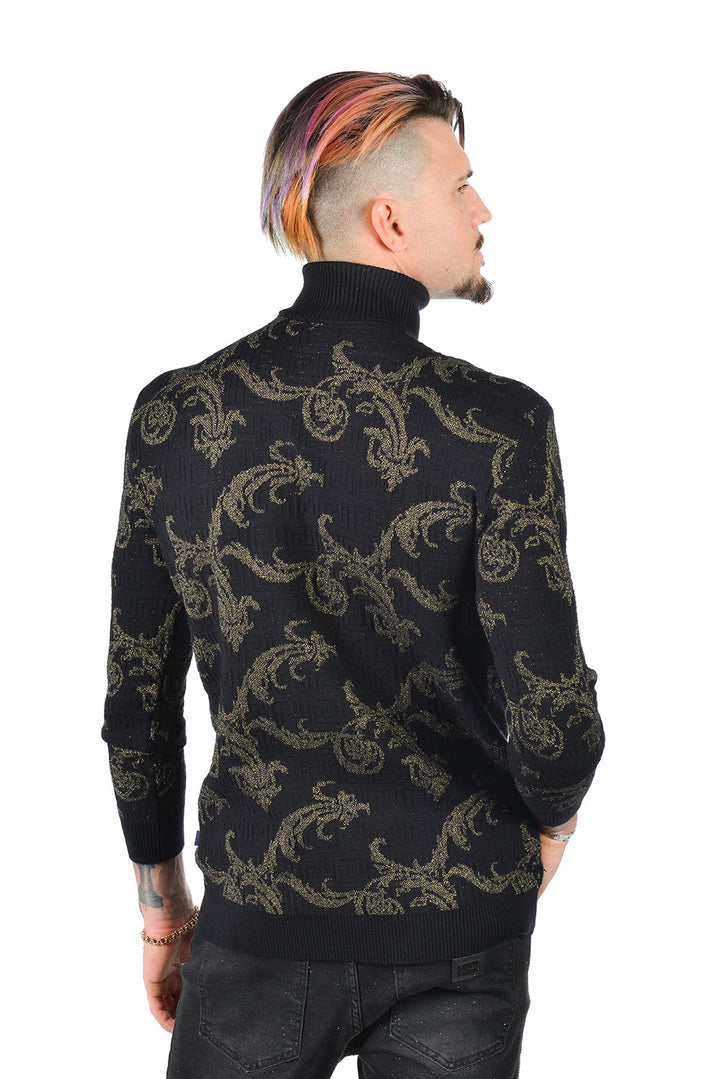 Barabas Men's Floral Print Design Long Sleeve Turtleneck Sweater 2LS2102 Black Gold