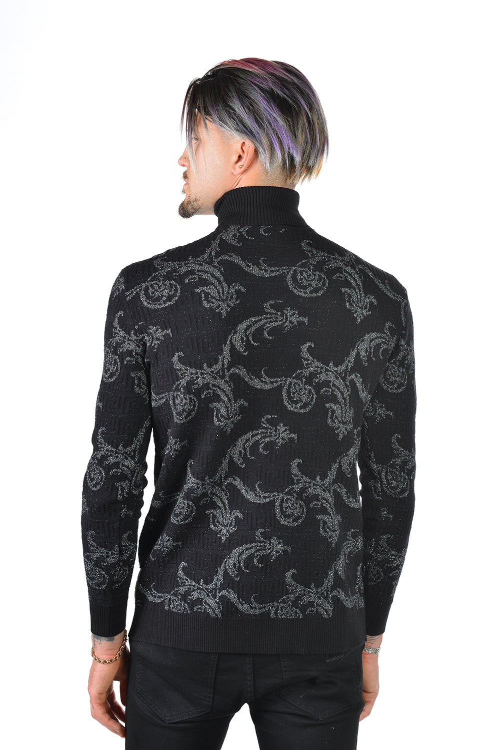 Barabas Men's Floral Print Design Long Sleeve Turtleneck Sweater 2LS2102 Black Silver