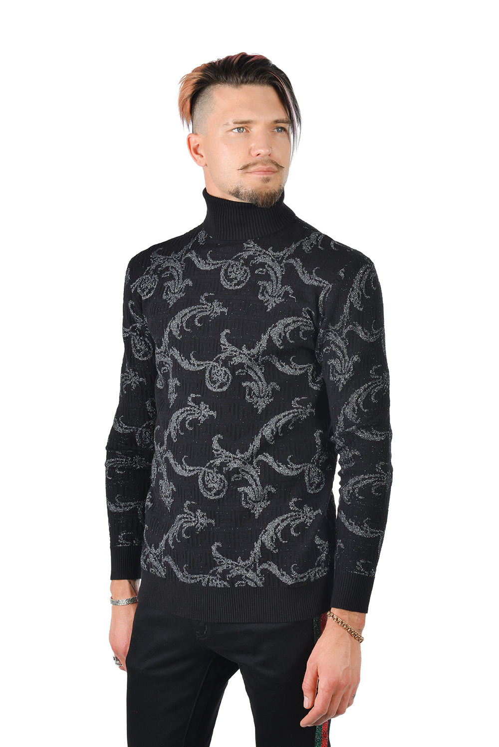 Barabas Men's Floral Print Design Long Sleeve Turtleneck Sweater 2LS2102 Black Silver