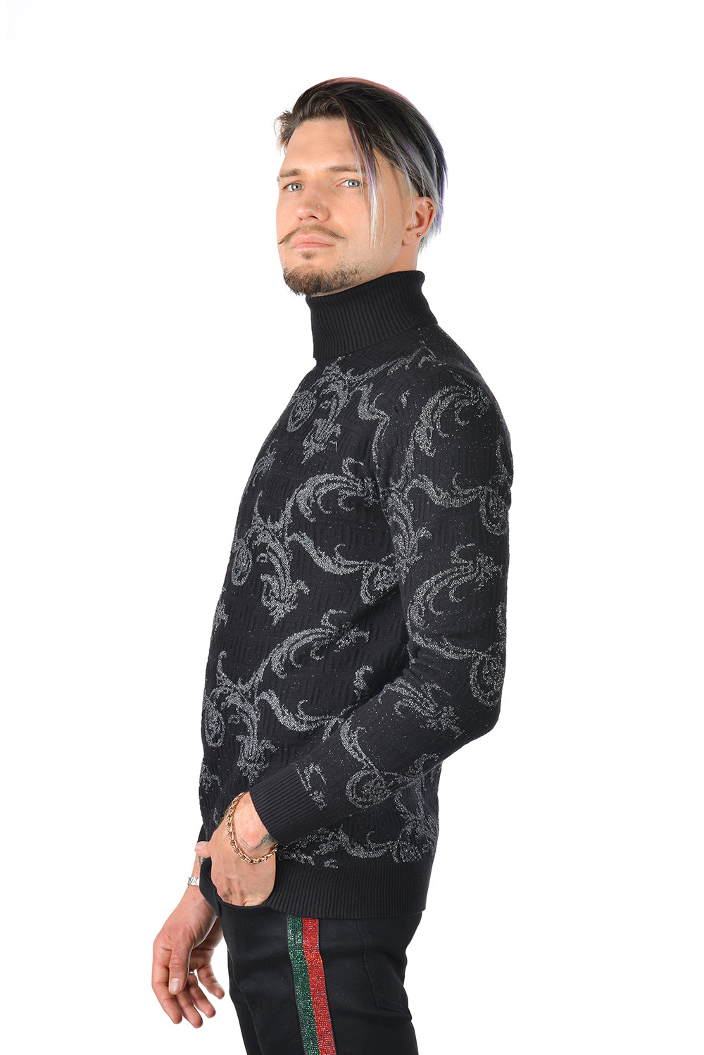 Barabas Men's Floral Print Design Long Sleeve Turtleneck Sweater 2LS2102 Black Silver