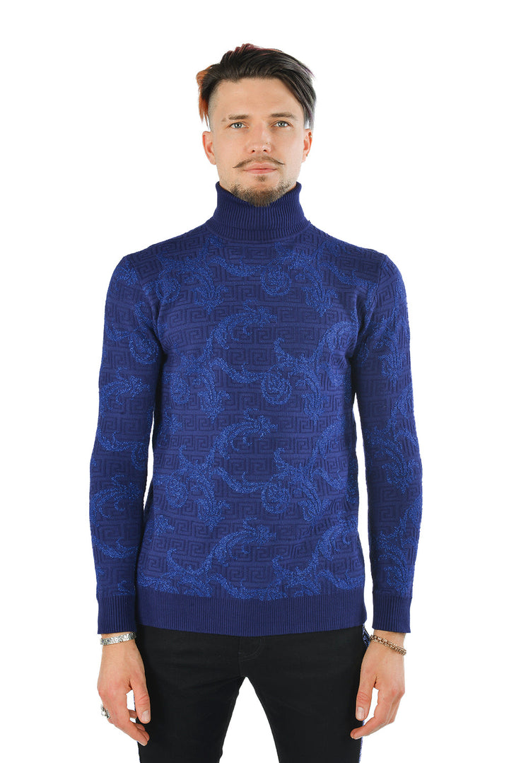 Barabas Men's Floral Print Design Long Sleeve Turtleneck Sweater 2LS2102 Navy Royal