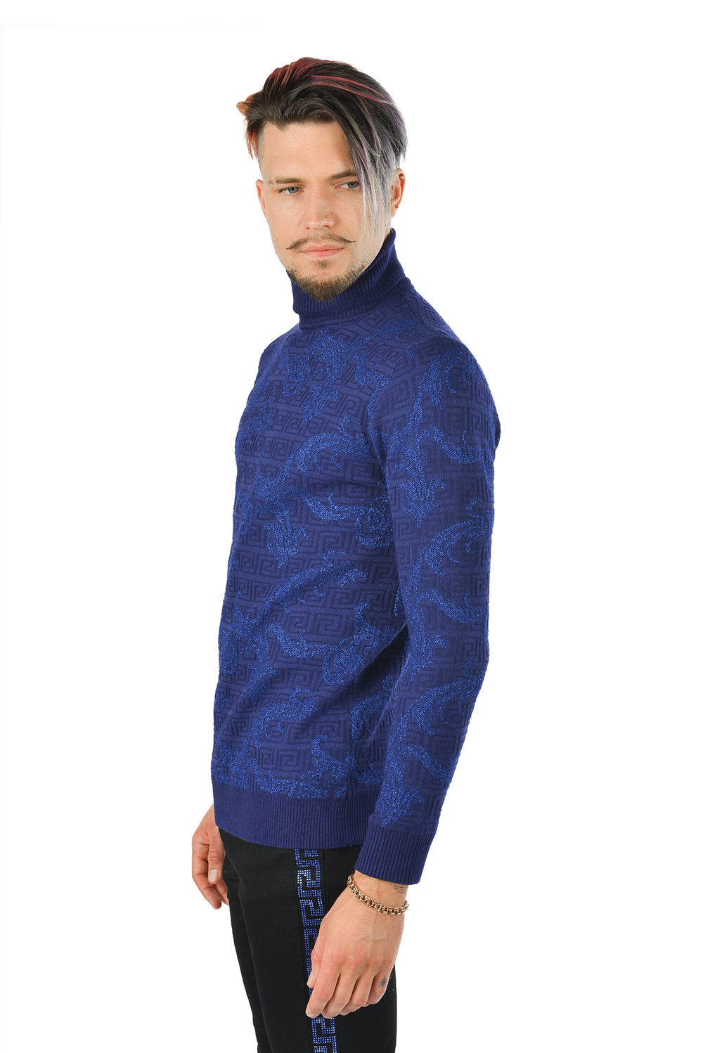 Barabas Men's Floral Print Design Long Sleeve Turtleneck Sweater 2LS2102 Royal