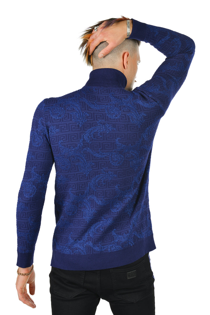 Barabas Men's Floral Print Design Long Sleeve Turtleneck Sweater 2LS2102 Royal