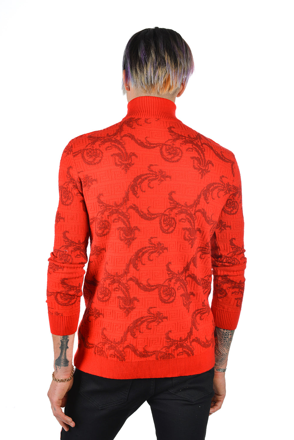 Barabas Men's Floral Print Design Long Sleeve Turtleneck Sweater 2LS2102 Red