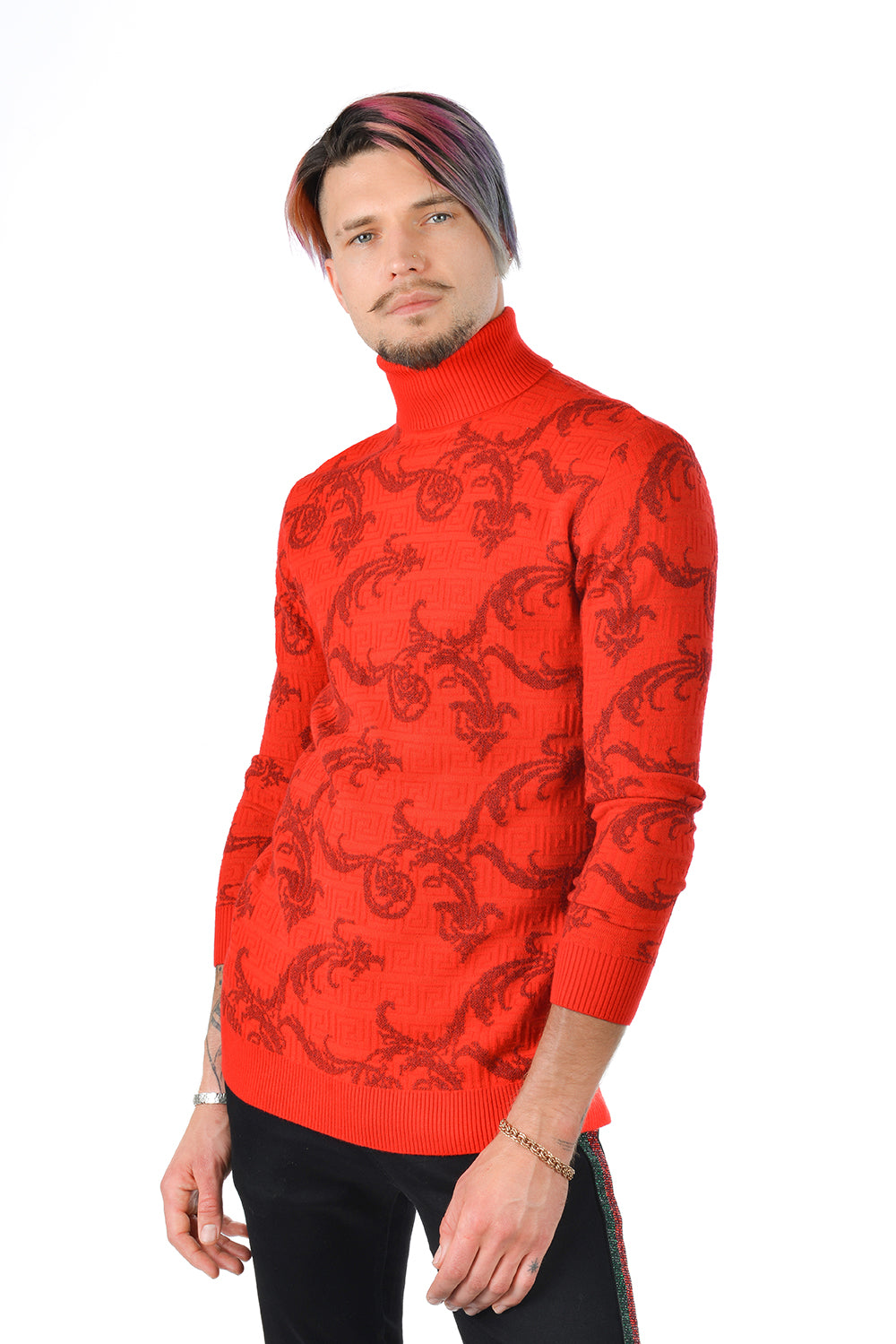 Barabas Men's Floral Print Design Long Sleeve Turtleneck Sweater 2LS2102 Red