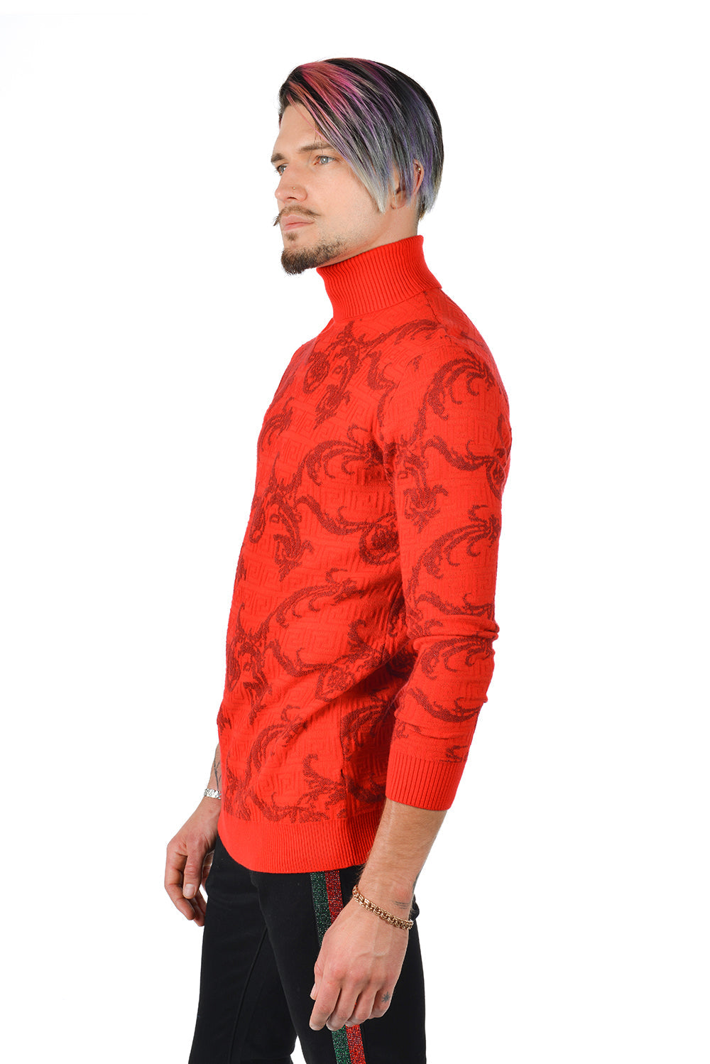 Barabas Men's Floral Print Design Long Sleeve Turtleneck Sweater 2LS2102 Red