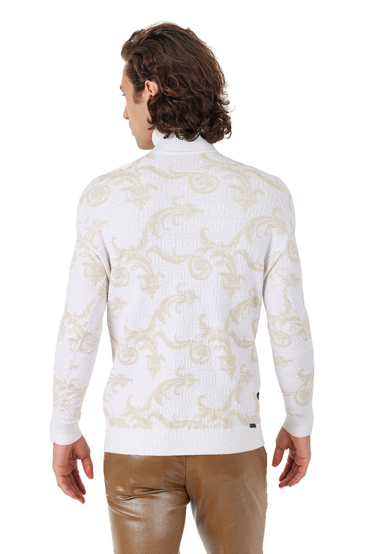 Barabas Men's Floral Design Long Sleeve Turtleneck Sweater 2LS2102 White Gold