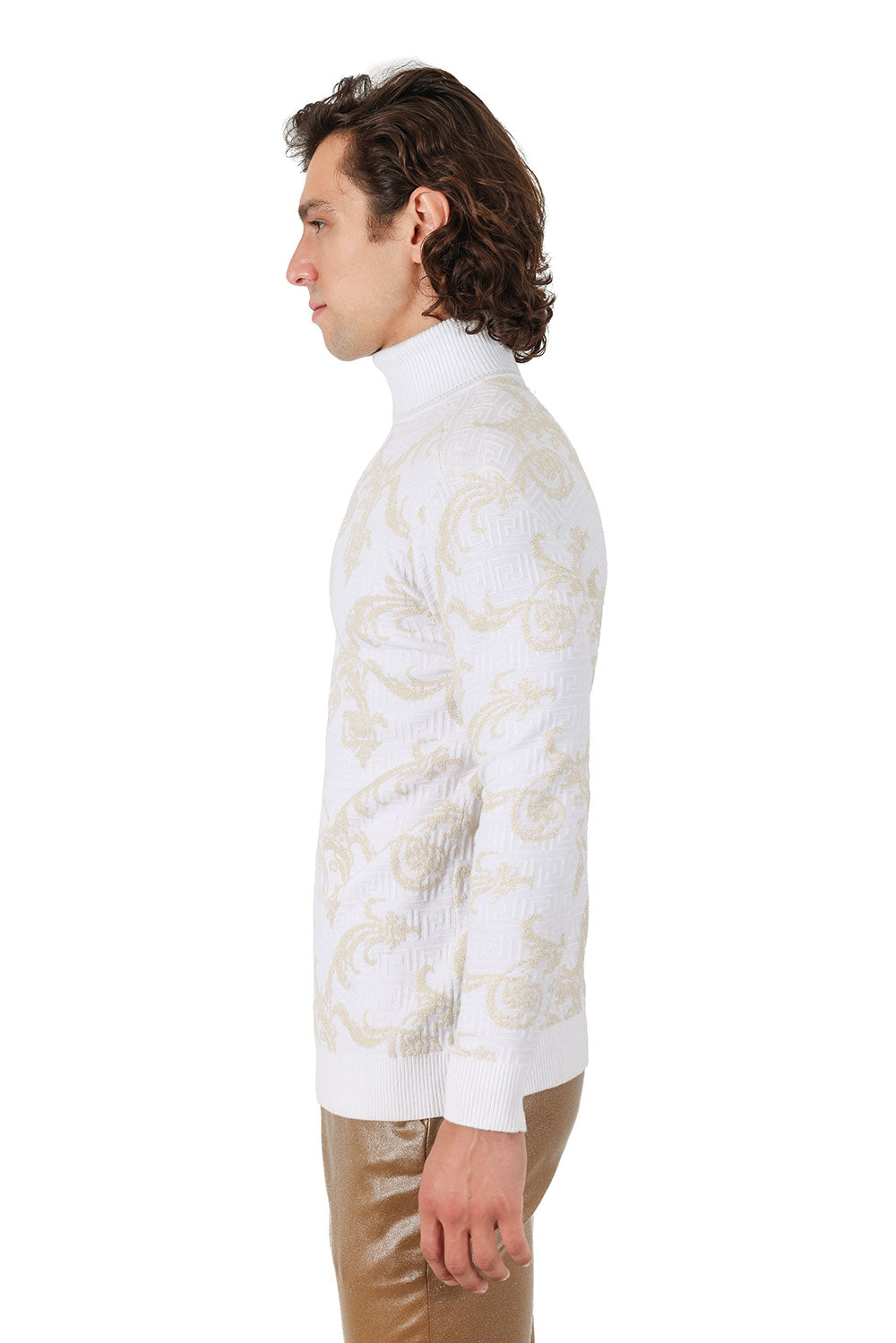 Barabas Men's Floral Design Long Sleeve Turtleneck Sweater 2LS2102 White Gold