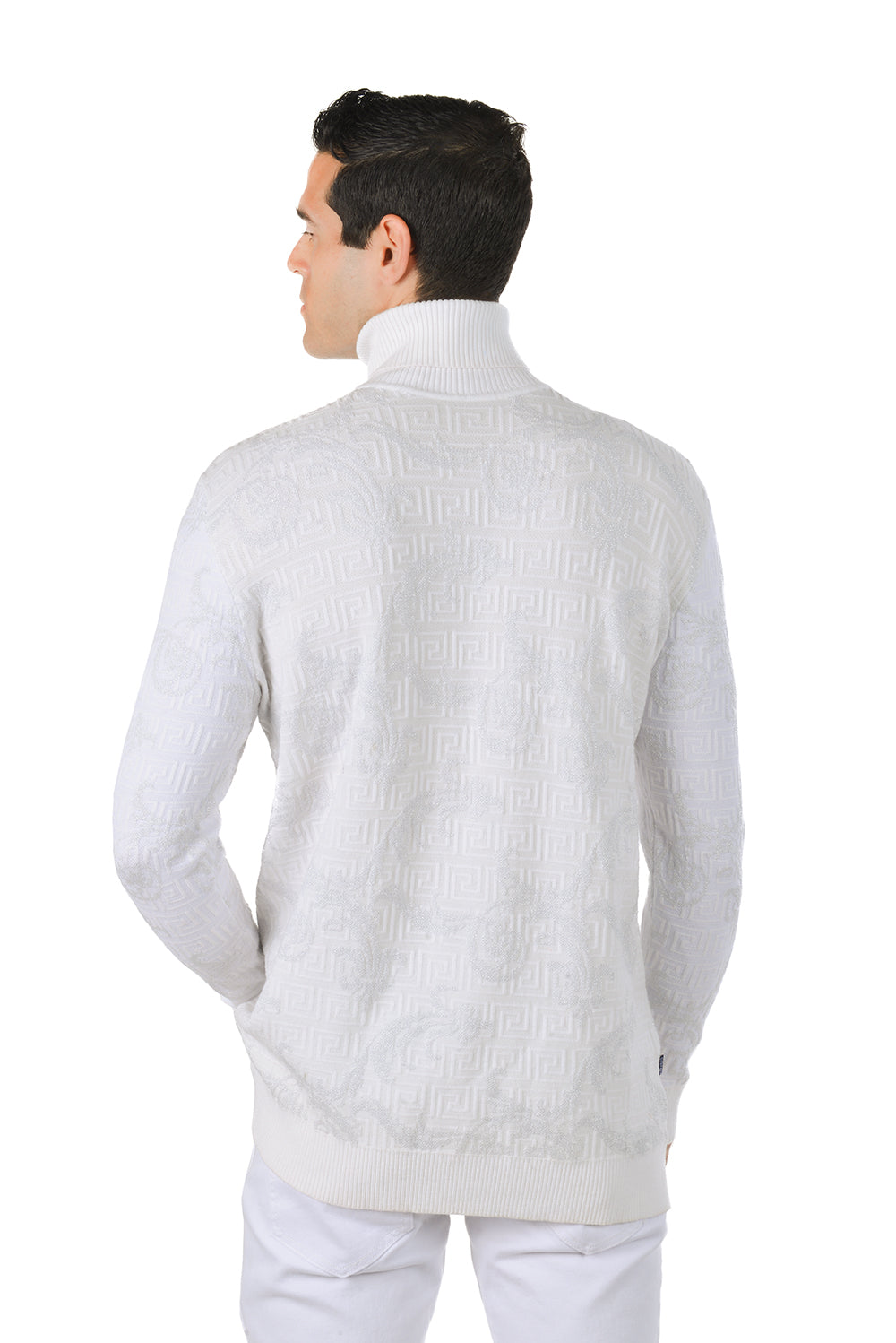 Barabas Men's Floral Design Long Sleeve Turtleneck Sweater 2LS2102 White Silver