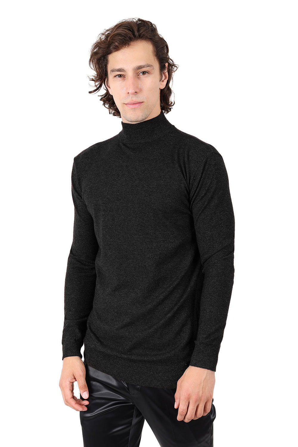 Men's Turtleneck Ribbed Solid Color Mock Turtleneck Sweater 2LS2103 Rust Black