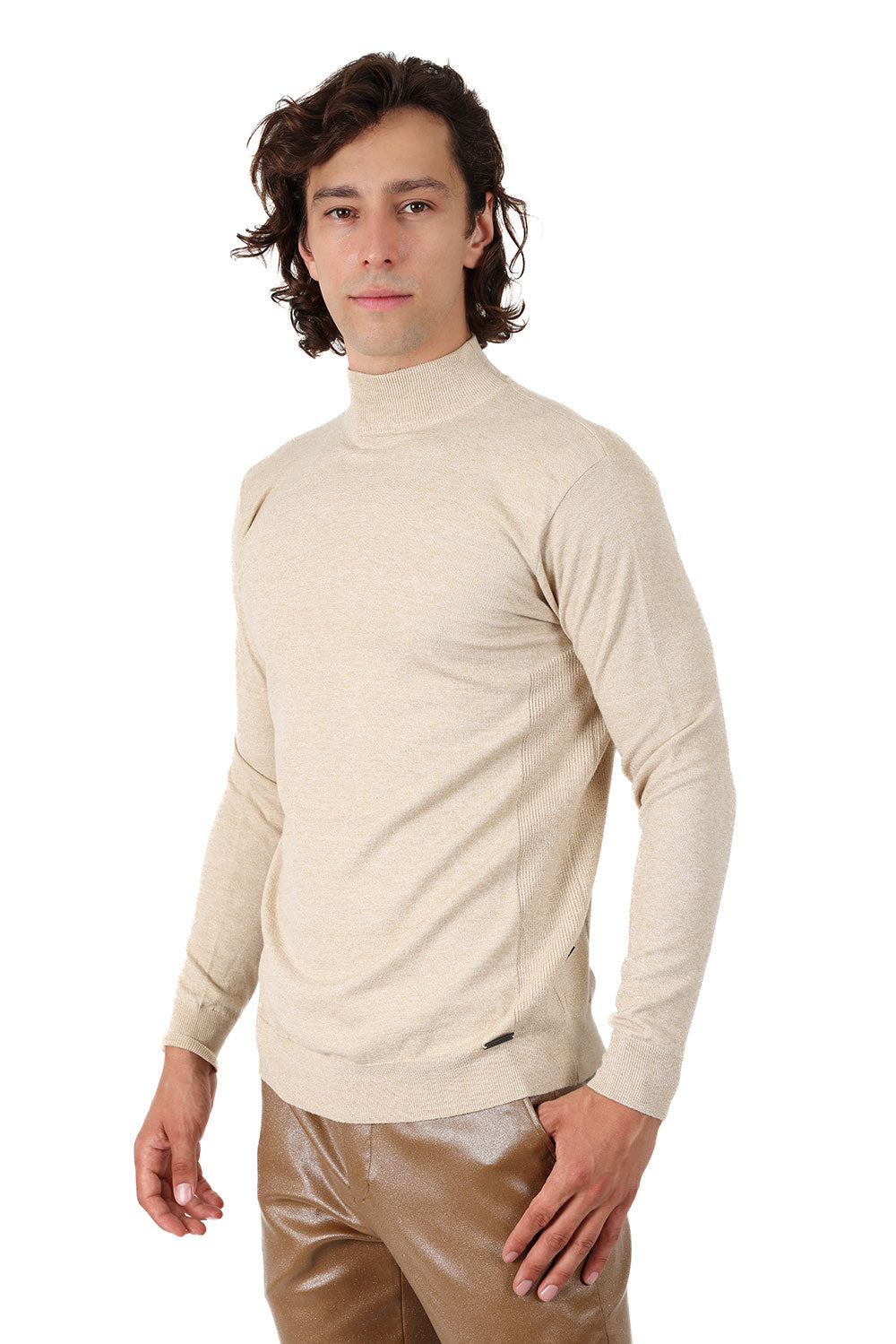 Men's Turtleneck Ribbed Solid Color Mock Turtleneck Sweater 2LS2103 Tan