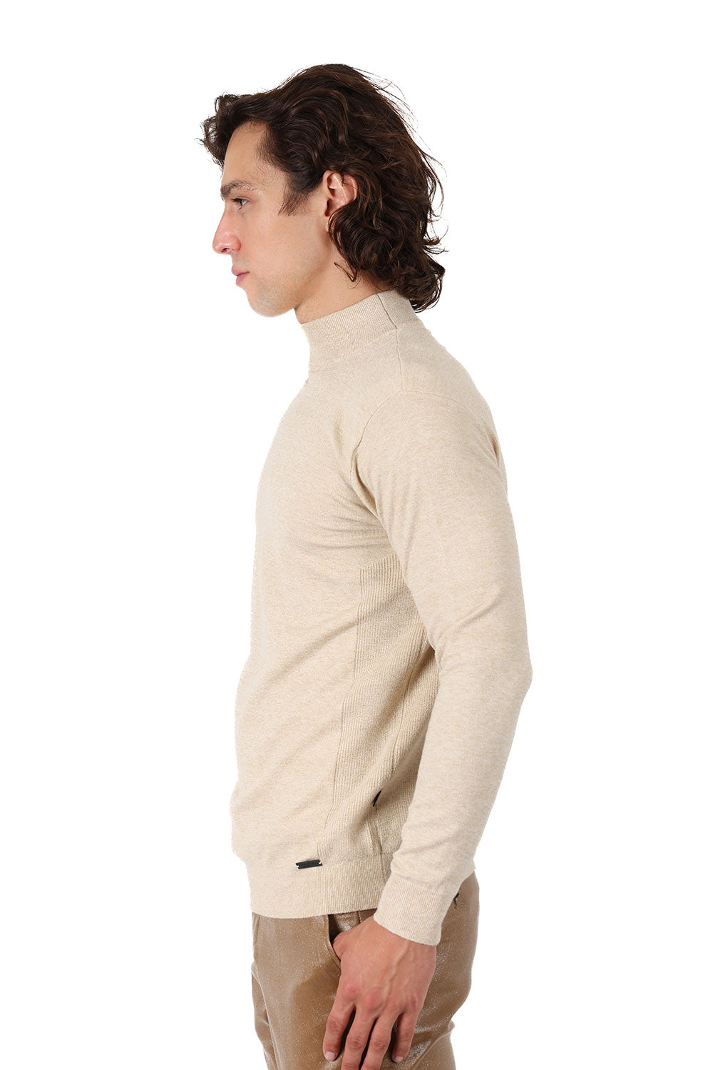 Men's Turtleneck Ribbed Solid Color Mock Turtleneck Sweater 2LS2103 Tan