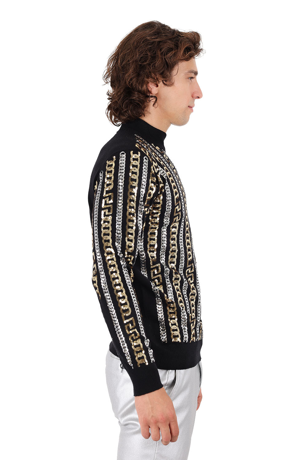 Barabas Men's Metallic Chain Long Sleeve Turtleneck Sweater 2LS2104 Black Gold