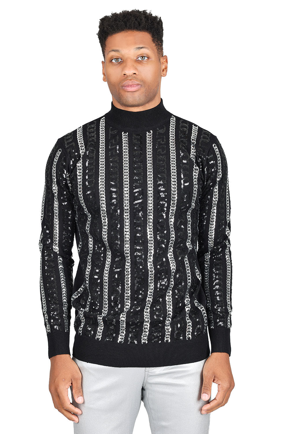 Barabas Men's Metallic Chain Long Sleeve Turtleneck Sweater 2LS2104 Black Silver