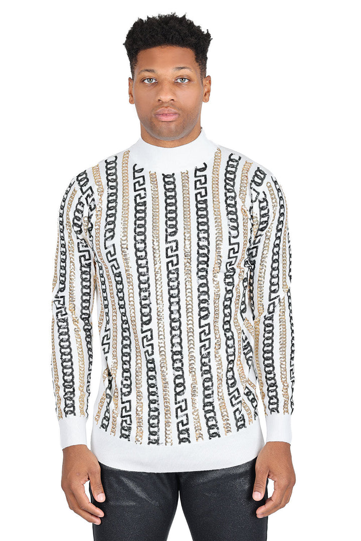 Barabas Men's Metallic Chain Long Sleeve Turtleneck Sweater 2LS2104 White Gold