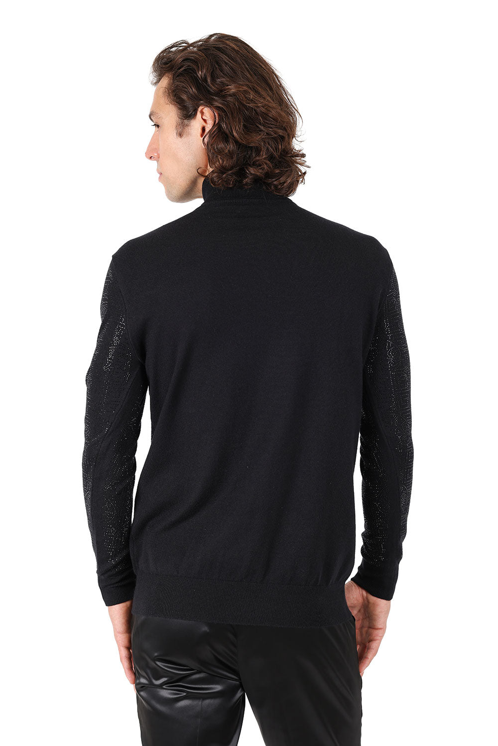 Barabas Men's Rhinestone Floral Greek Pattern Turtleneck Sweater 2LS2105 Black