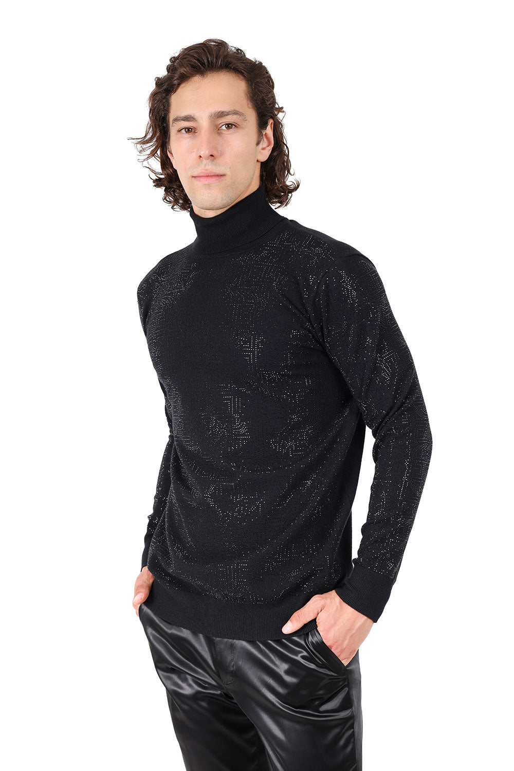 Barabas Men's Rhinestone Floral Greek Pattern Turtleneck Sweater 2LS2105 Black