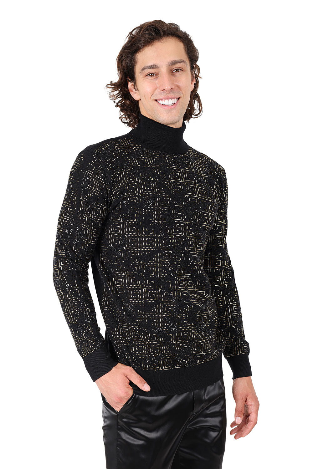 Barabas Men's Rhinestone Floral Greek Pattern Turtleneck Sweater 2LS2105 Black Gold