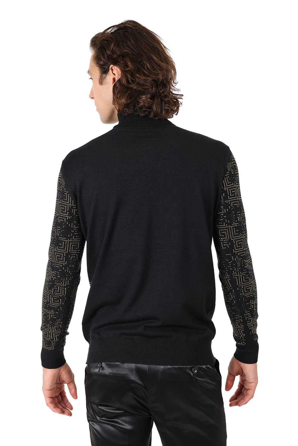 Barabas Men's Rhinestone Floral Greek Pattern Turtleneck Sweater 2LS2105 Black Gold