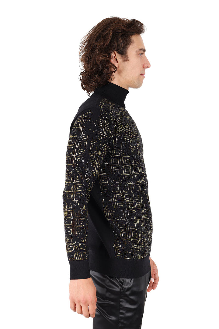 Barabas Men's Rhinestone Floral Greek Pattern Turtleneck Sweater 2LS2105 Black Gold