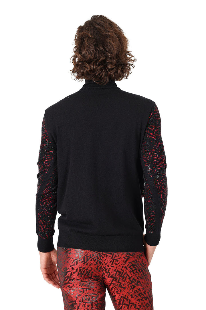 Barabas Men's Rhinestone Floral Greek Pattern Turtleneck Sweater 2LS2105 Black Red