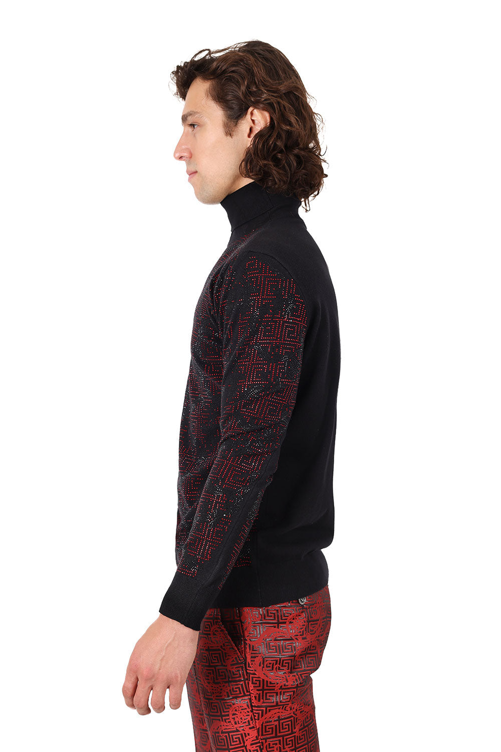 Barabas Men's Rhinestone Floral Greek Pattern Turtleneck Sweater 2LS2105 Black Red