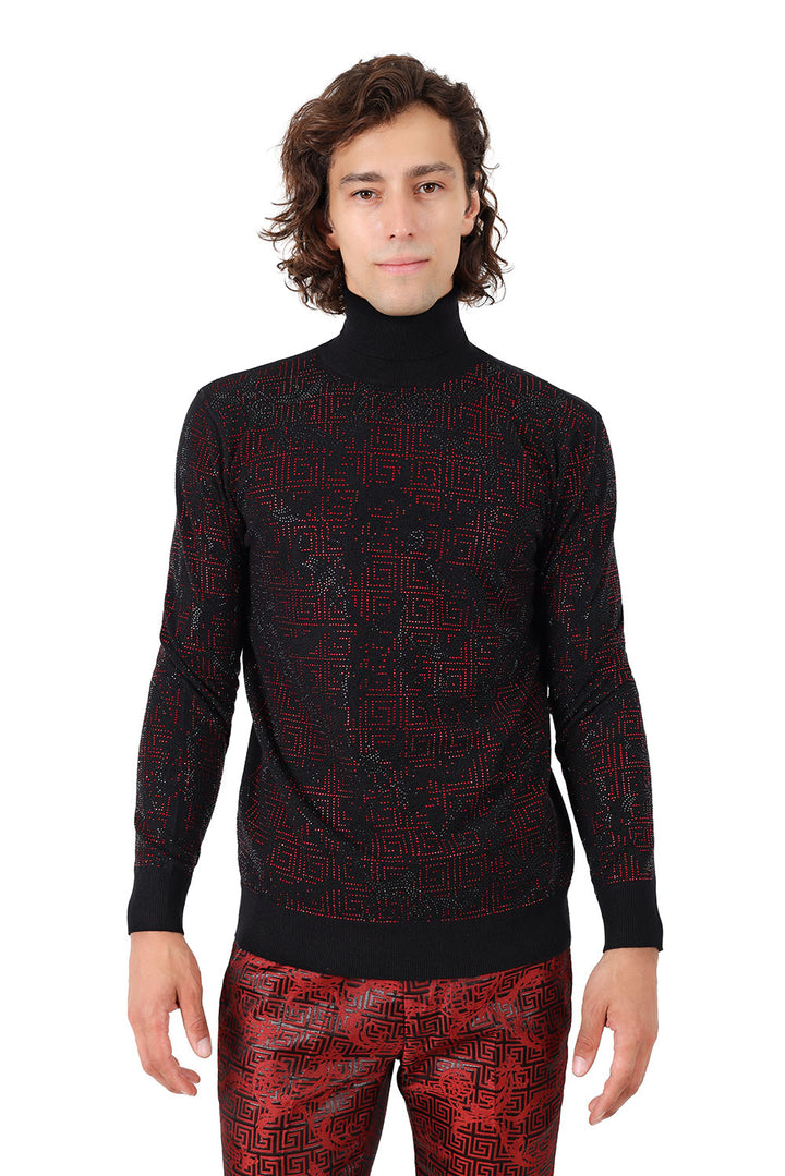 Barabas Men's Rhinestone Floral Greek Pattern Turtleneck Sweater 2LS2105 Black Red