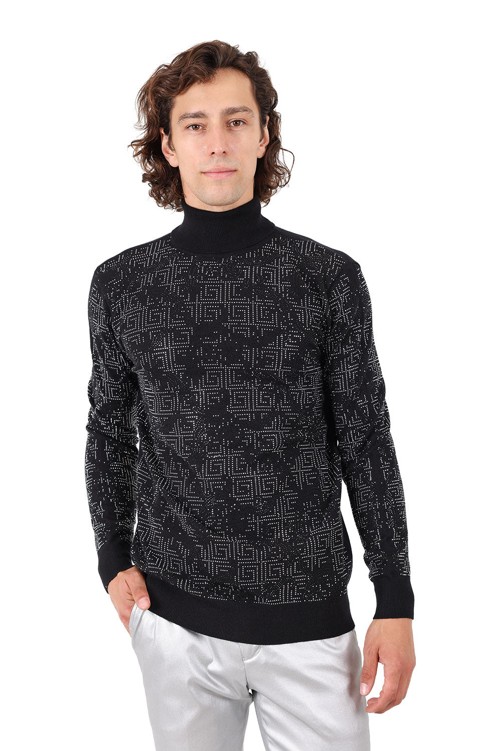 Barabas Men's Rhinestone Floral Greek Pattern Turtleneck Sweater 2LS2105 Black Silver